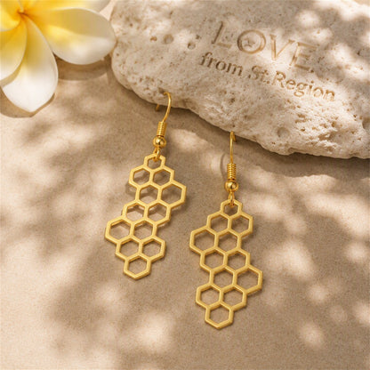 18K Gold-Plated Honeycomb Drop Earrings, gold drop earrings for women, vintage-inspired design, lifestyle look