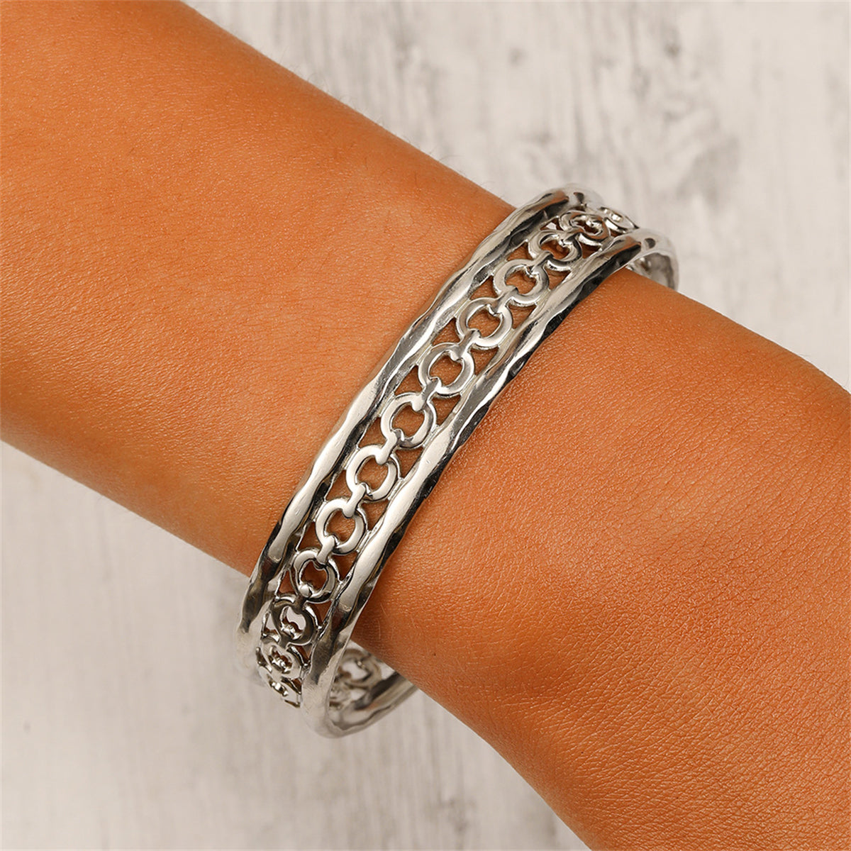 Stainless Steel Cable Cuff, stainless steel bracelet for women, elegant gift for her, front view