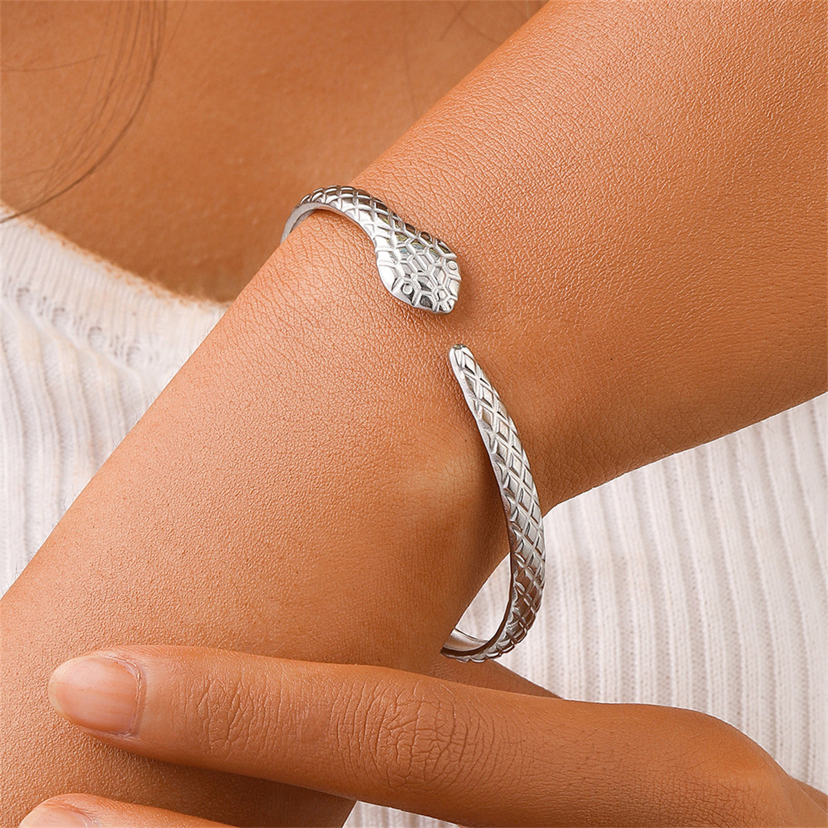 Stainless Steel Snake Cuff, stainless steel bracelet for women, elegant gift for her, front view