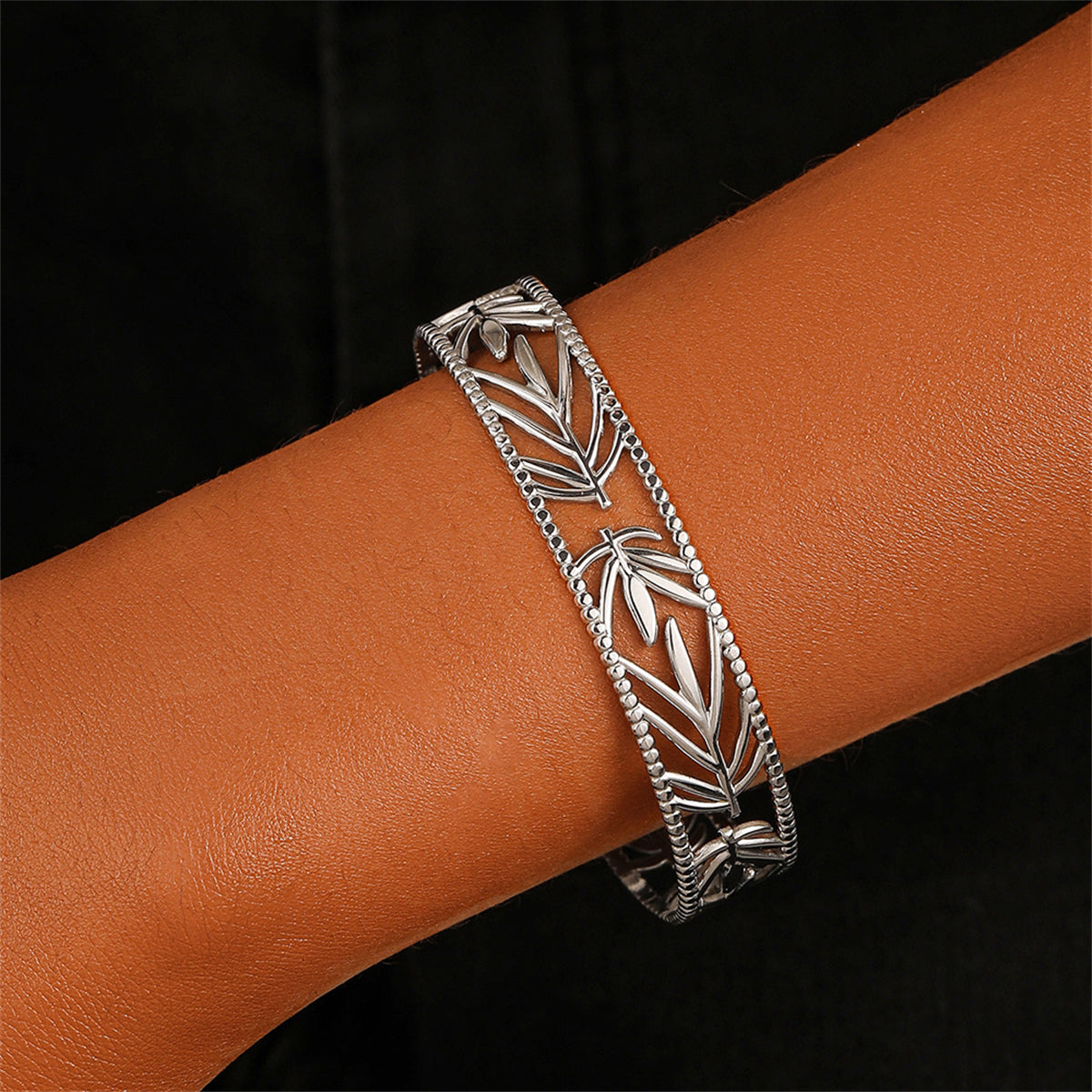 Stainless Steel Botanical Cuff, stainless steel bracelet for women, dainty minimalist design, front view