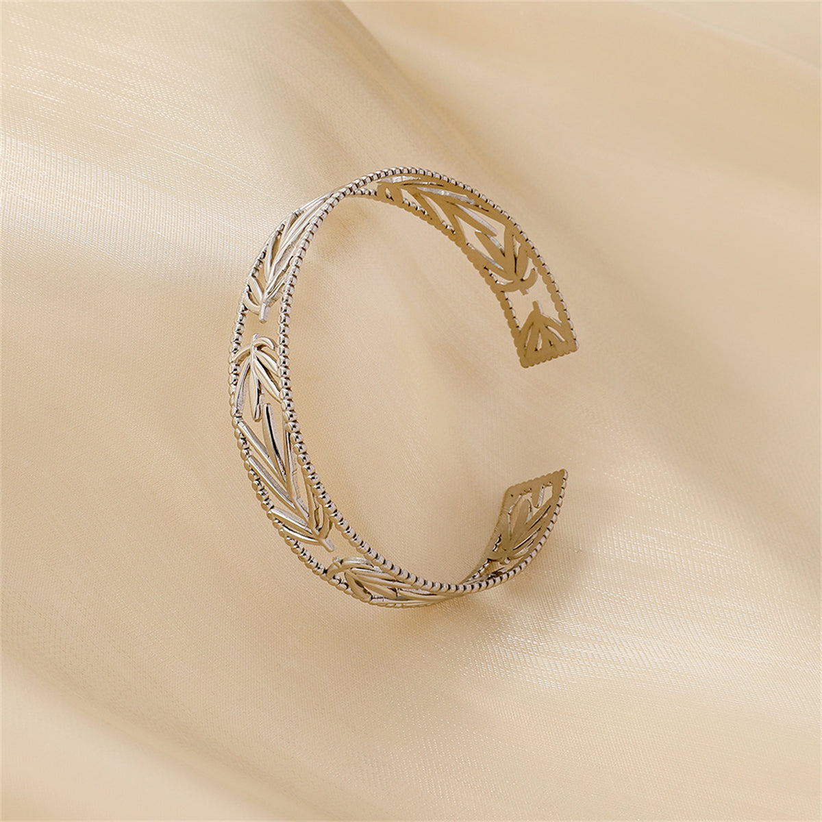 Stainless Steel Botanical Cuff, stainless steel bracelet for women, dainty minimalist design, side view