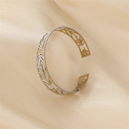 Stainless Steel Botanical Cuff, stainless steel bracelet for women, dainty minimalist design, side view