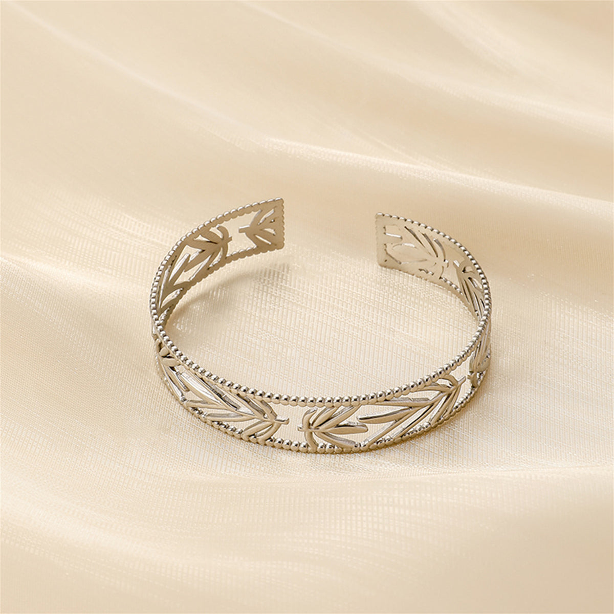 Stainless Steel Botanical Cuff, stainless steel bracelet for women, dainty minimalist design, detail close-up