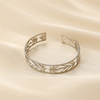 Stainless Steel Botanical Cuff, stainless steel bracelet for women, dainty minimalist design, detail close-up