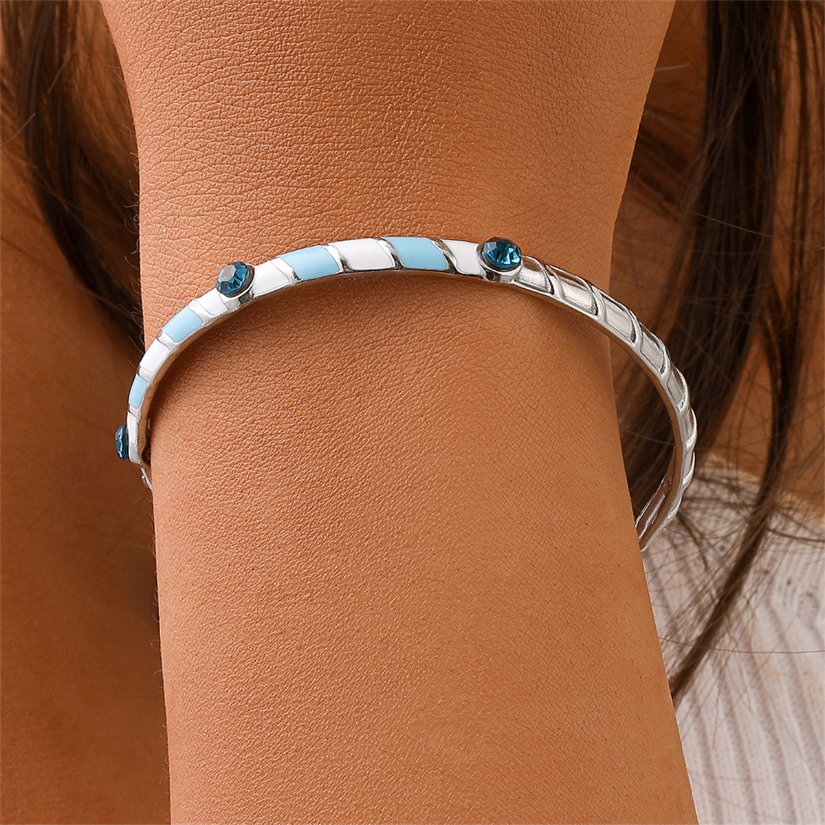 Blue Cubic Zirconia & Stainless Steel Stripe Cuff