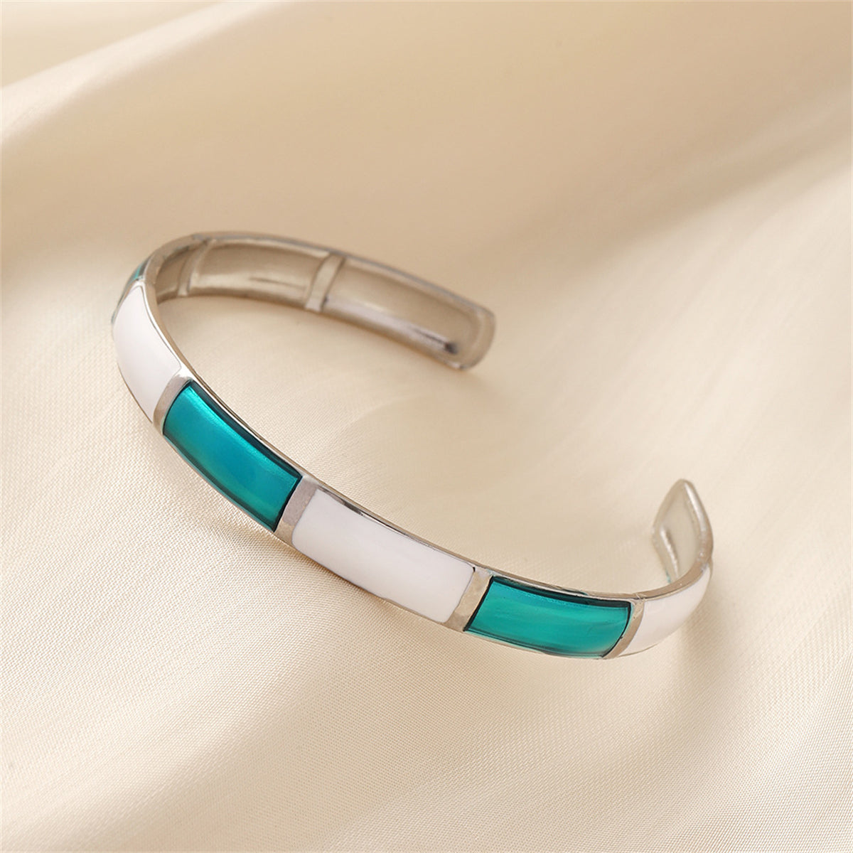 Blue Enamel and Silver-Plated Cuff, silver bracelet for women, vintage-inspired design, front view