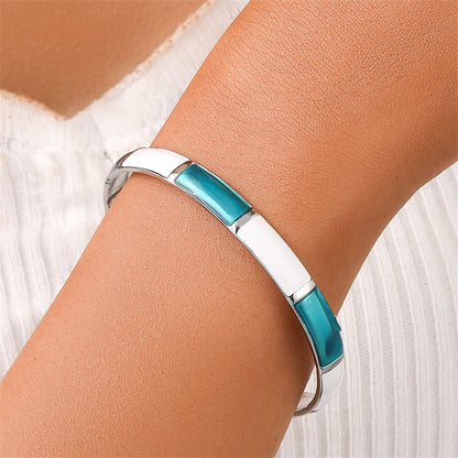Blue Enamel and Silver-Plated Cuff, silver bracelet for women, vintage-inspired design, detail close-up