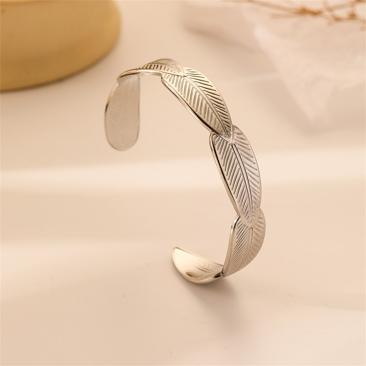Silver-Plated Linked Feather Cuff, silver bracelet for women, botanical inspired, side view