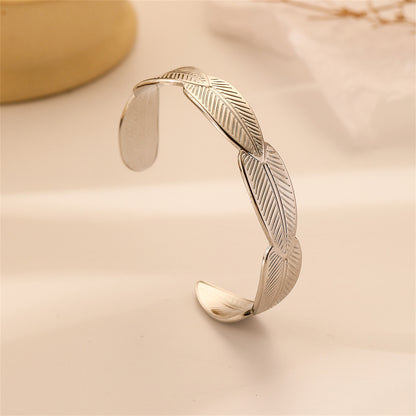 Silver-Plated Linked Feather Cuff, silver bracelet for women, botanical inspired, side view