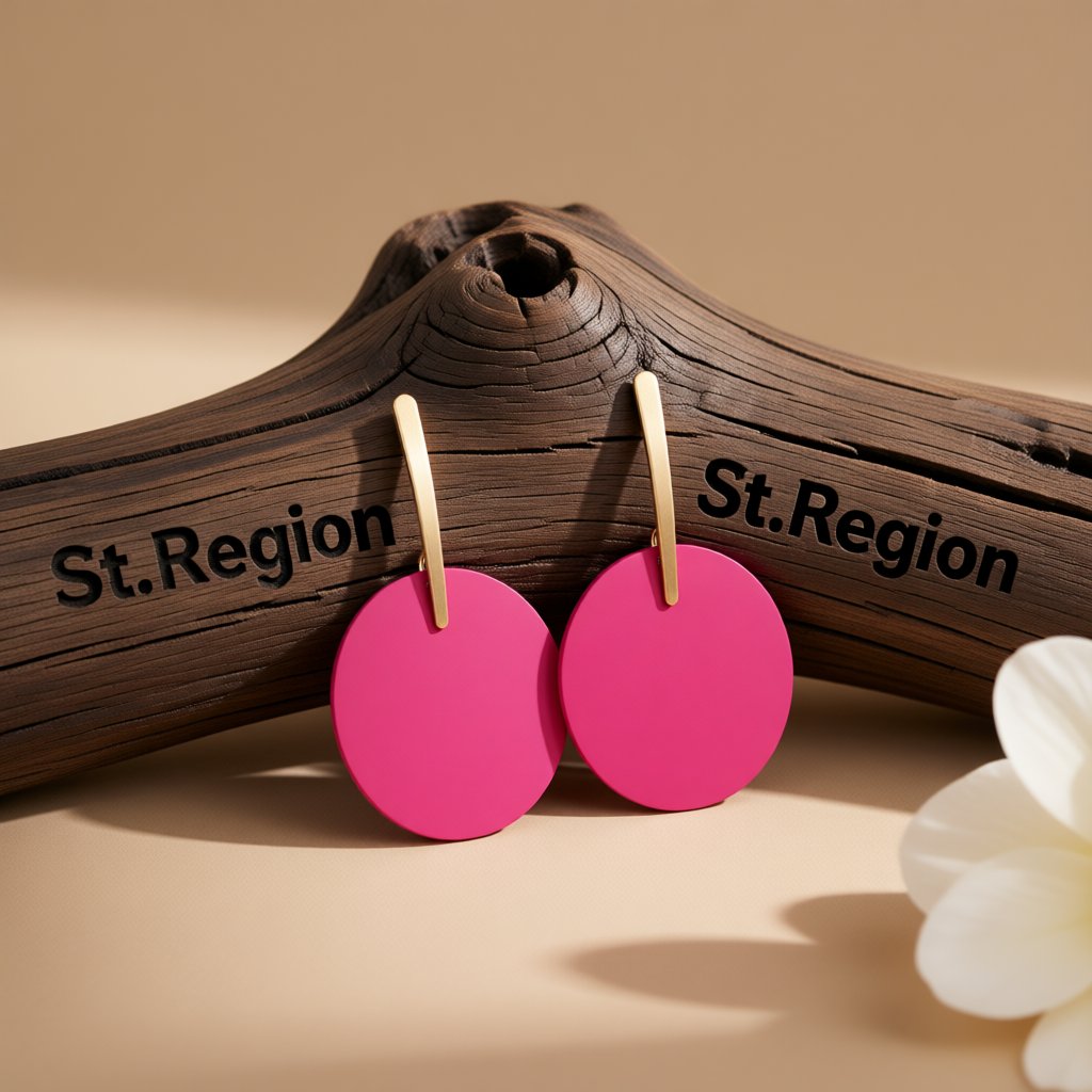 Pink Acrylic and 18K Gold-Plated Round Drop Earrings, gold drop earrings for women, elegant gift for her, front view