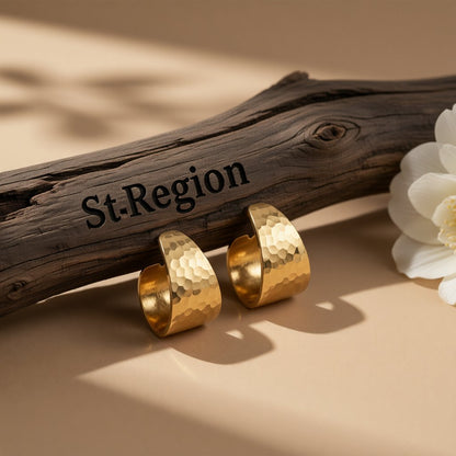 18K Gold-Plated Uneven-Surface C-Shape Drop Earrings, gold huggie earrings, dainty minimalist design, front view