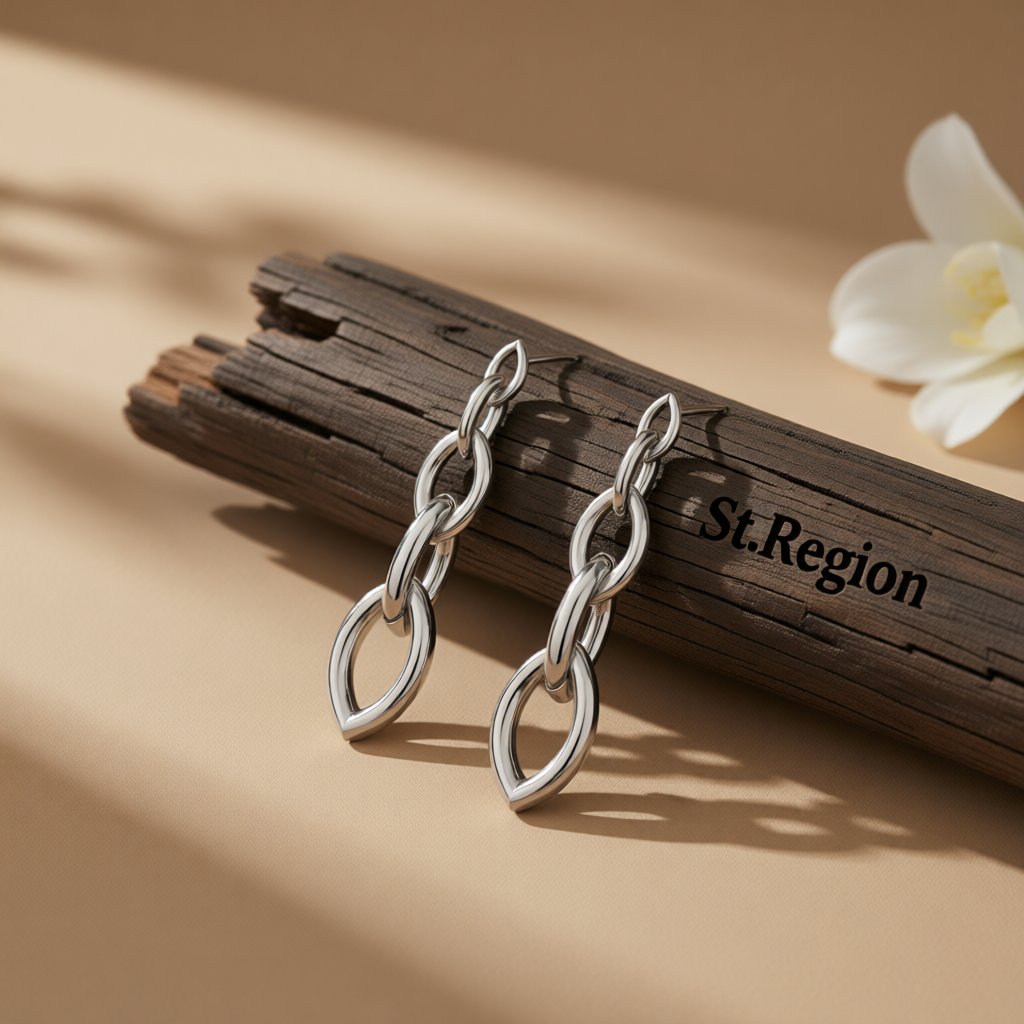 Silver-Plated Chain Drop Earrings, silver drop earrings for women, botanical inspired, front view