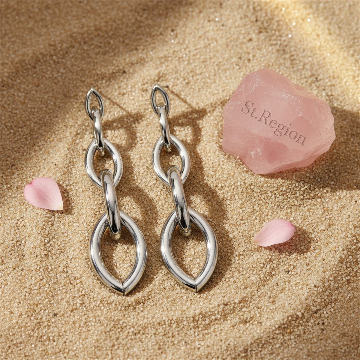 Silver-Plated Chain Drop Earrings, silver drop earrings for women, botanical inspired, detail close-up