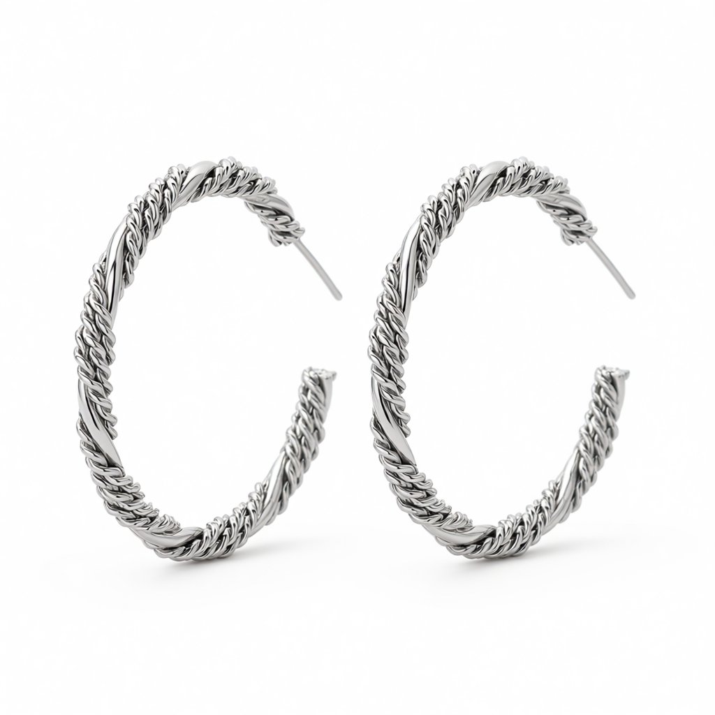 Silver-Plated Twine Hoop Earrings, silver hoop earrings for women, dainty minimalist design, side view