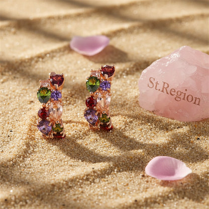 Multicolor Crystal and 18K Rose Gold-Plated Huggie Earrings, rose gold huggie earrings, botanical inspired, detail close-up