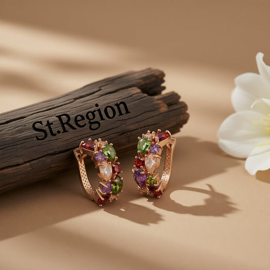 Multicolor Crystal and 18K Rose Gold-Plated Huggie Earrings, rose gold huggie earrings, botanical inspired, front view