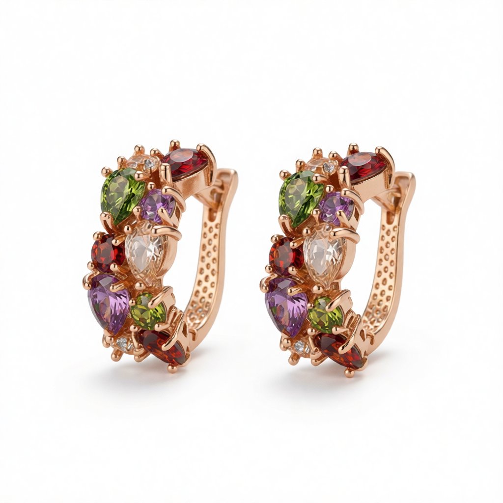 Multicolor Crystal and 18K Rose Gold-Plated Huggie Earrings, rose gold huggie earrings, botanical inspired, side view