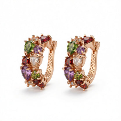 Multicolor Crystal and 18K Rose Gold-Plated Huggie Earrings, rose gold huggie earrings, botanical inspired, side view