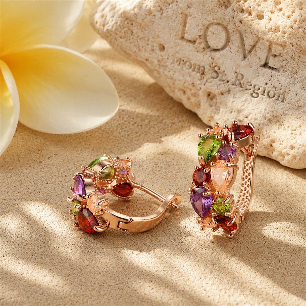 Multicolor Crystal and 18K Rose Gold-Plated Huggie Earrings, rose gold huggie earrings, botanical inspired, lifestyle look