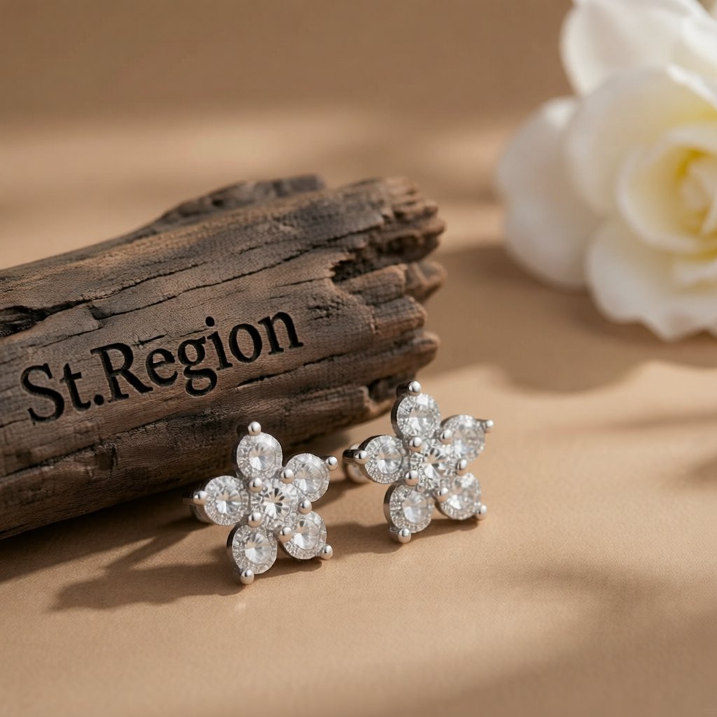 Cubic Zirconia and Silver-Plated Flower Stud Earrings, silver stud earrings for women, everyday style, front view