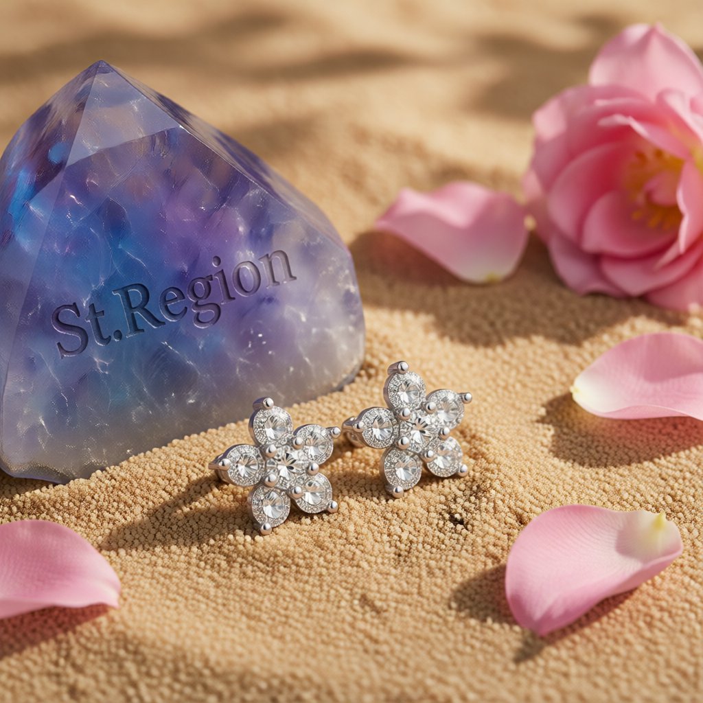 Cubic Zirconia and Silver-Plated Flower Stud Earrings, silver stud earrings for women, everyday style, detail close-up