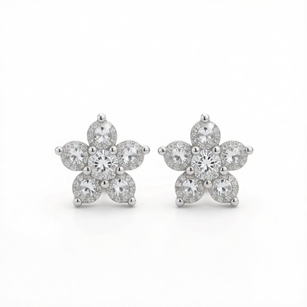 Cubic Zirconia and Silver-Plated Flower Stud Earrings, silver stud earrings for women, everyday style, side view
