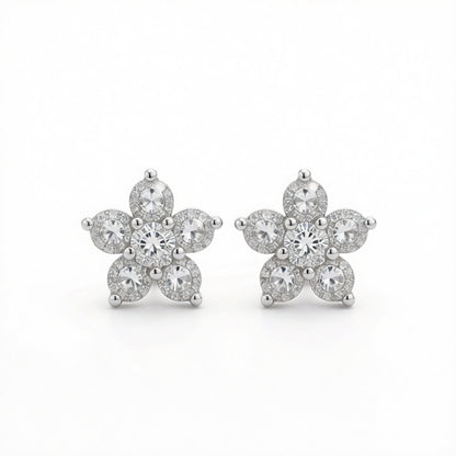 Cubic Zirconia and Silver-Plated Flower Stud Earrings, silver stud earrings for women, everyday style, side view