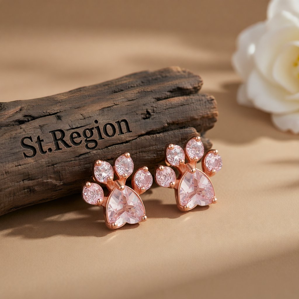 Pink Crystal and 18K Rose Gold-Plated Paw Print Stud Earrings, cubic zirconia stud earrings for women, front view