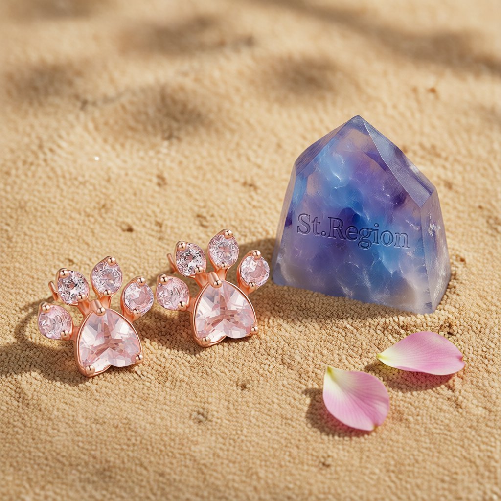 Pink Crystal and 18K Rose Gold-Plated Paw Print Stud Earrings, cubic zirconia stud earrings for women, detail close-up