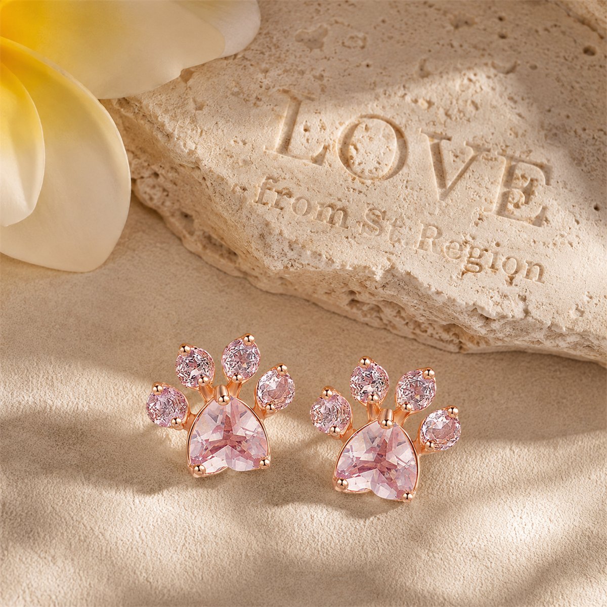 Pink Crystal and 18K Rose Gold-Plated Paw Print Stud Earrings, cubic zirconia stud earrings for women, lifestyle look