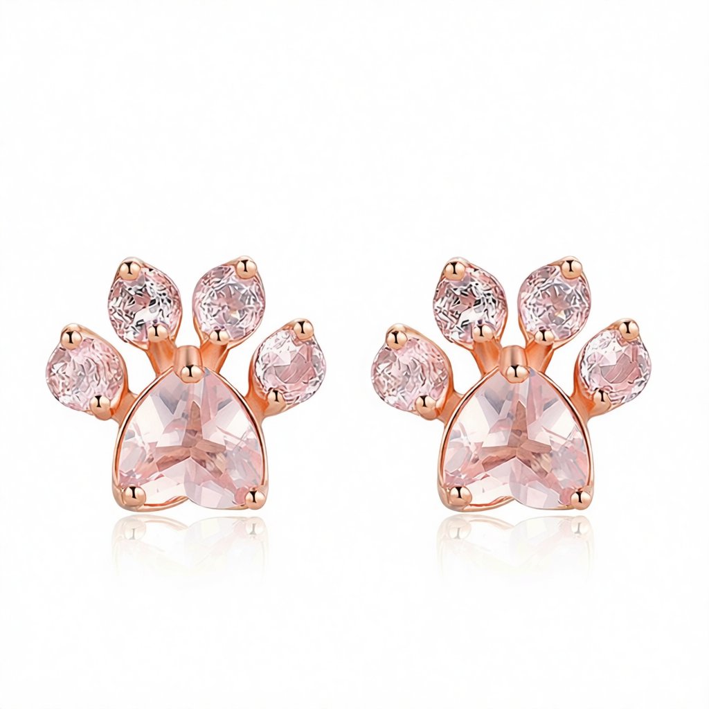 Pink Crystal and 18K Rose Gold-Plated Paw Print Stud Earrings, cubic zirconia stud earrings for women, side view