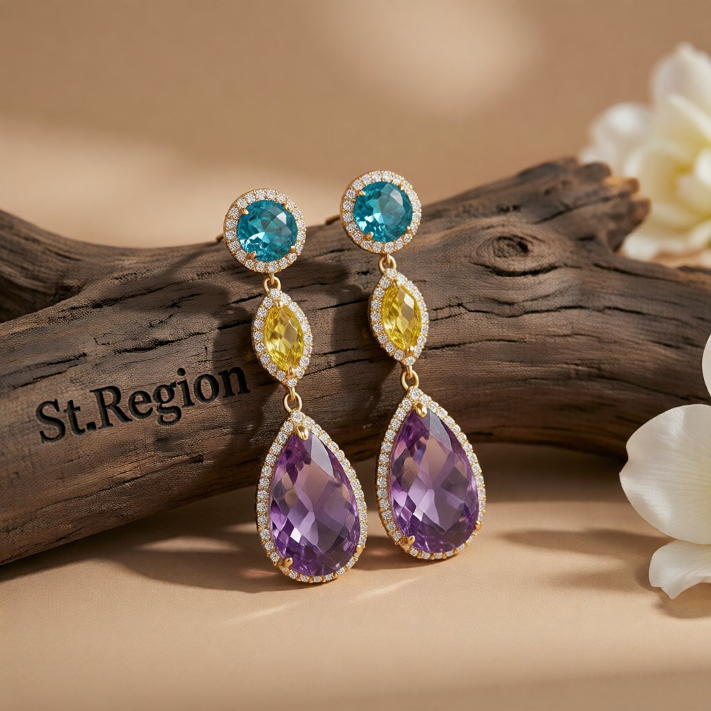 Purple and Blue Crystal Cubic Zirconia Teardrop Earrings, drop earrings for women, botanical inspired, front view