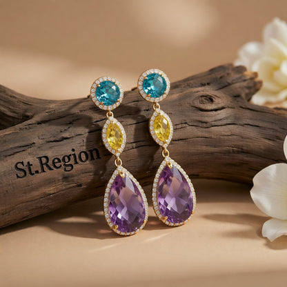 Purple and Blue Crystal Cubic Zirconia Teardrop Earrings, drop earrings for women, botanical inspired, front view