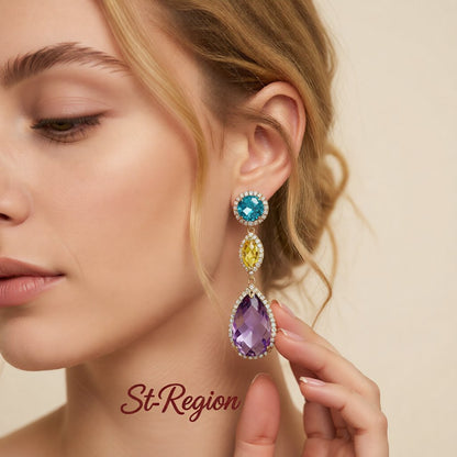 Purple and Blue Crystal Cubic Zirconia Teardrop Earrings, drop earrings for women, botanical inspired, styled look
