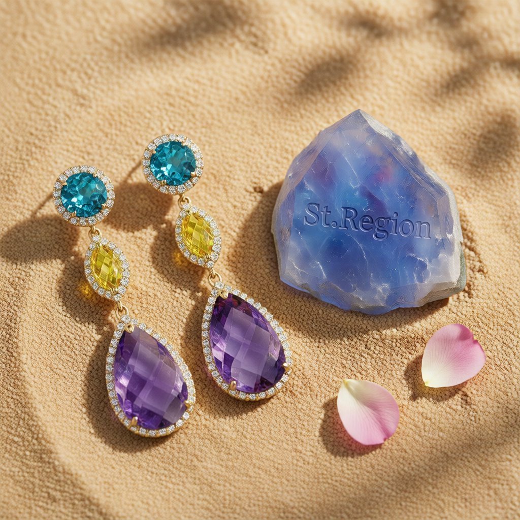 Purple and Blue Crystal Cubic Zirconia Teardrop Earrings, drop earrings for women, botanical inspired, detail close-up