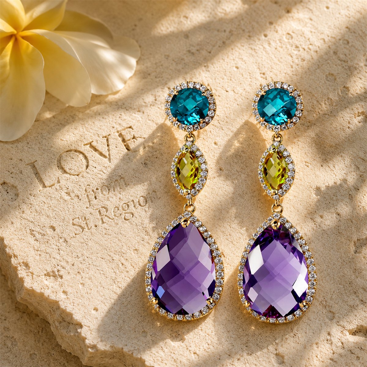 Purple and Blue Crystal Cubic Zirconia Teardrop Earrings, drop earrings for women, botanical inspired, lifestyle look