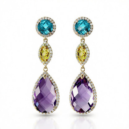 Purple and Blue Crystal Cubic Zirconia Teardrop Earrings, drop earrings for women, botanical inspired, side view