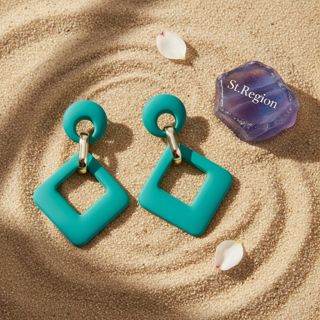 Cyan Enamel & 18K Gold-Plated Open Rhombus Drop Earrings - Street Region