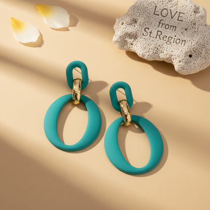 Cyan Enamel & 18K Gold-Plated Openwork Oval Drop Earrings - Street Region