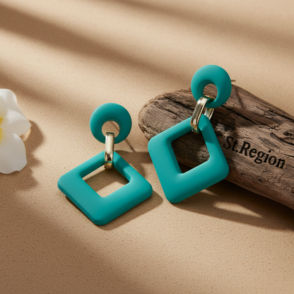 Cyan Enamel & 18K Gold-Plated Open Rhombus Drop Earrings - Street Region