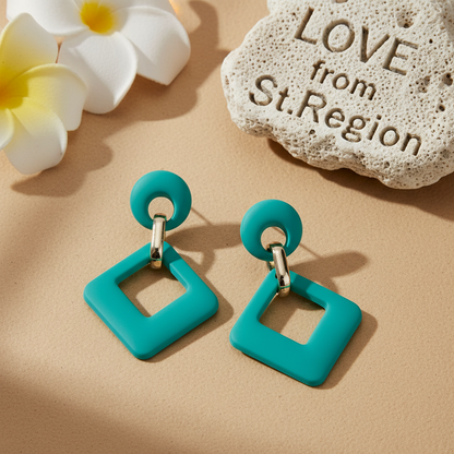 Cyan Enamel & 18K Gold-Plated Open Rhombus Drop Earrings - Street Region