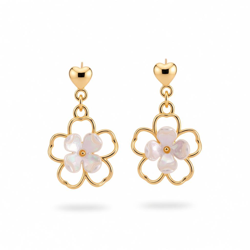 Resin and Gold-Plated Flower Drop Earrings, gold drop earrings for women, botanical inspired, side view