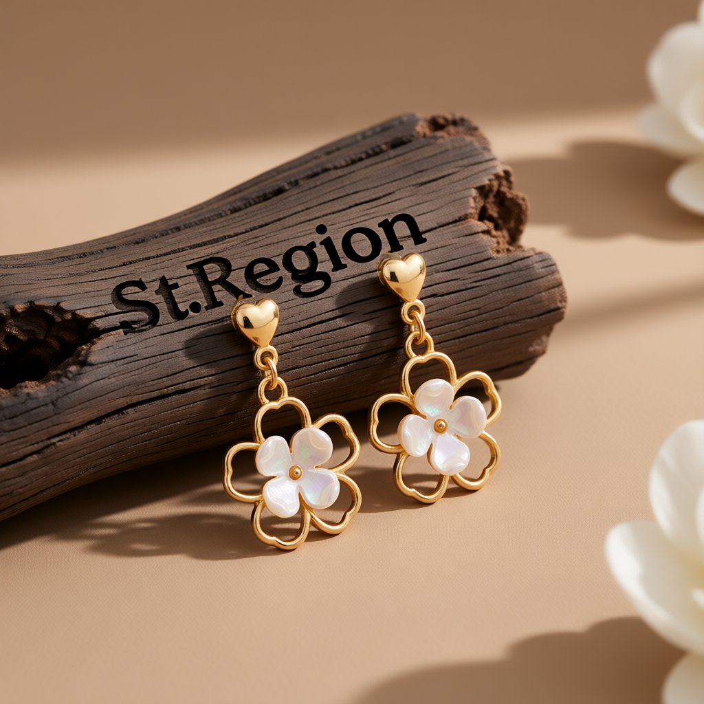 Resin and Gold-Plated Flower Drop Earrings, gold drop earrings for women, botanical inspired, front view