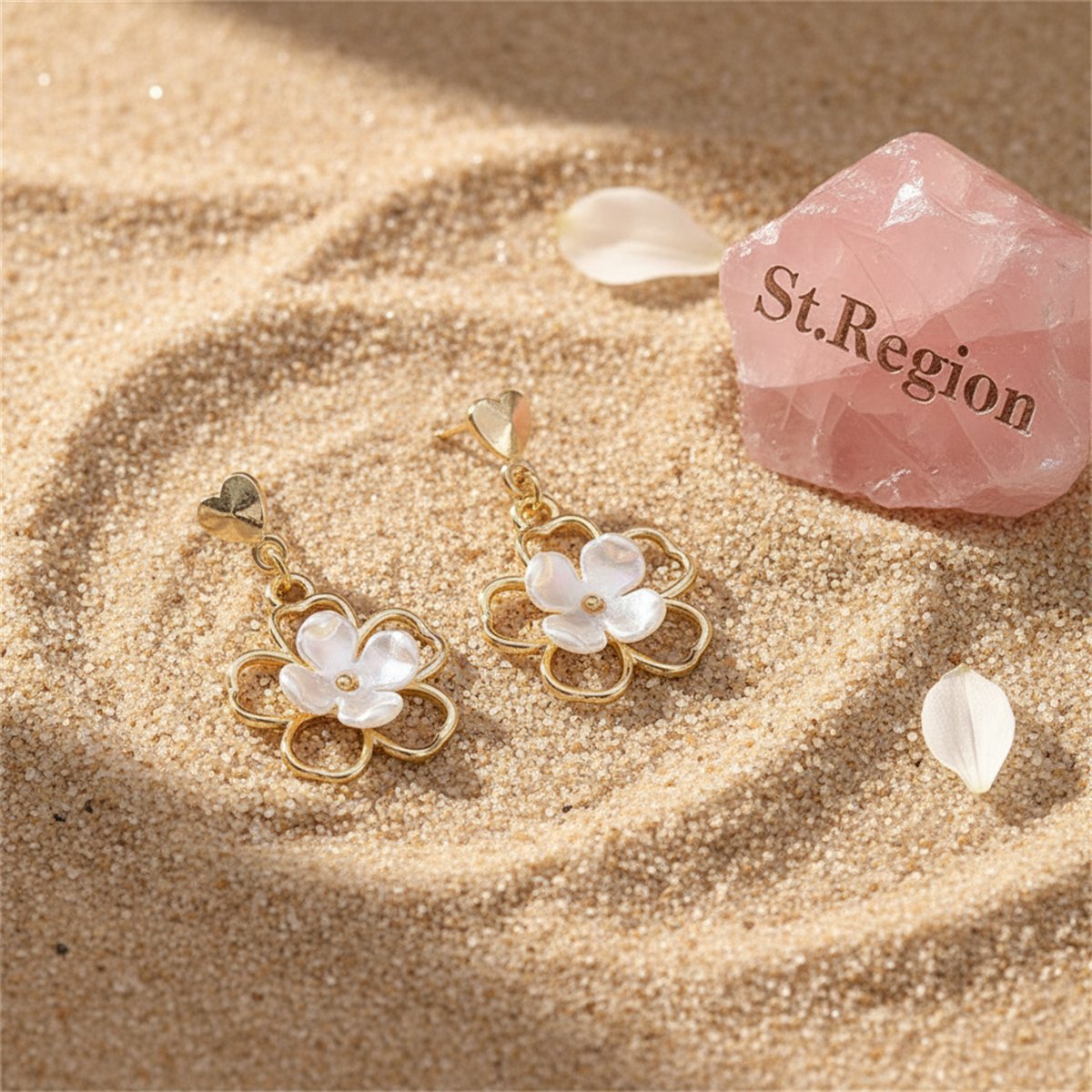 Resin and Gold-Plated Flower Drop Earrings, gold drop earrings for women, botanical inspired, detail close-up