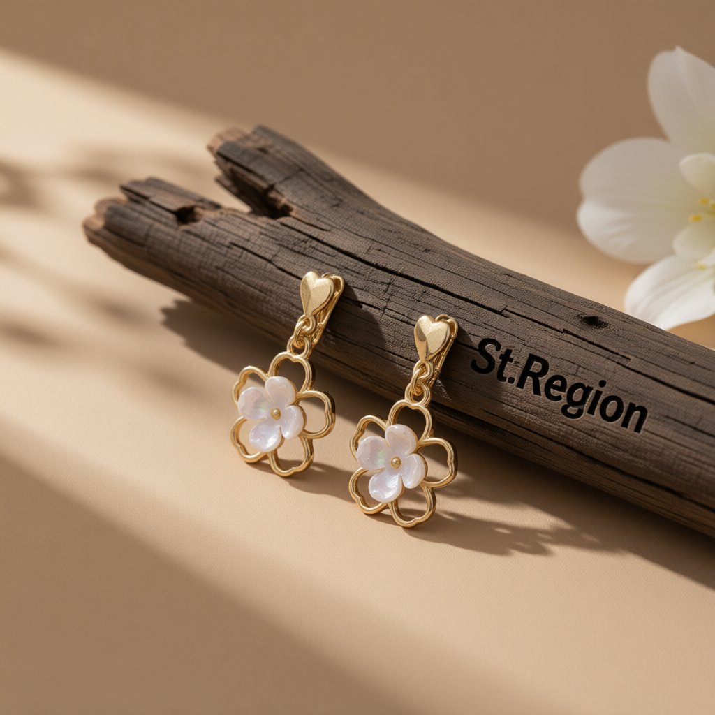 White and Gold-Plated Flower Clip-On Earrings, gold drop earrings for women, dainty minimalist design, front view