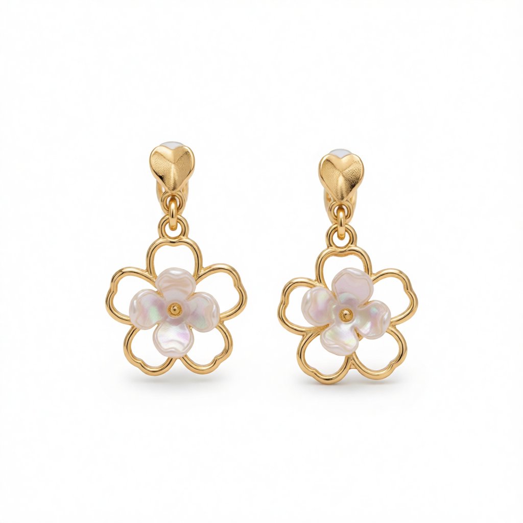 White and Gold-Plated Flower Clip-On Earrings, gold drop earrings for women, dainty minimalist design, side view