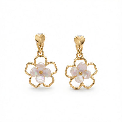 White and Gold-Plated Flower Clip-On Earrings, gold drop earrings for women, dainty minimalist design, side view