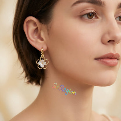 White and Gold-Plated Flower Clip-On Earrings, gold drop earrings for women, dainty minimalist design, styled look