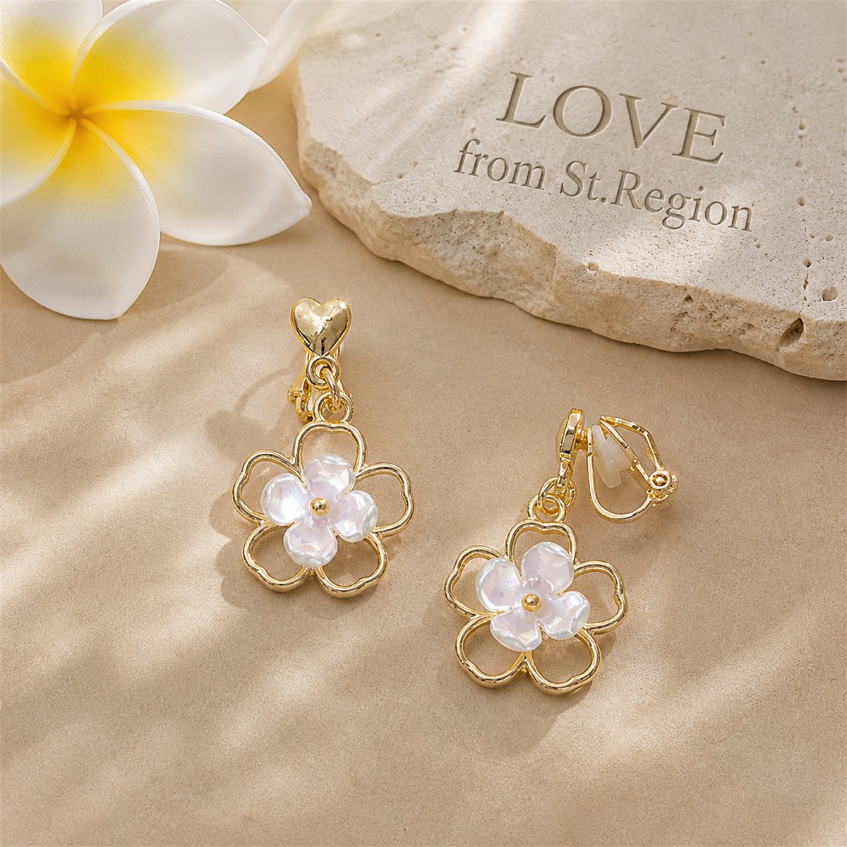 White and Gold-Plated Flower Clip-On Earrings, gold drop earrings for women, dainty minimalist design, lifestyle look