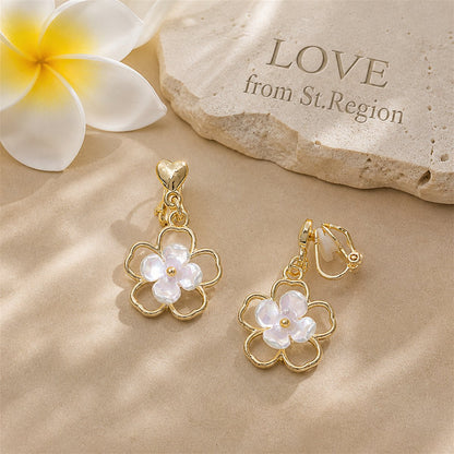 White and Gold-Plated Flower Clip-On Earrings, gold drop earrings for women, dainty minimalist design, lifestyle look